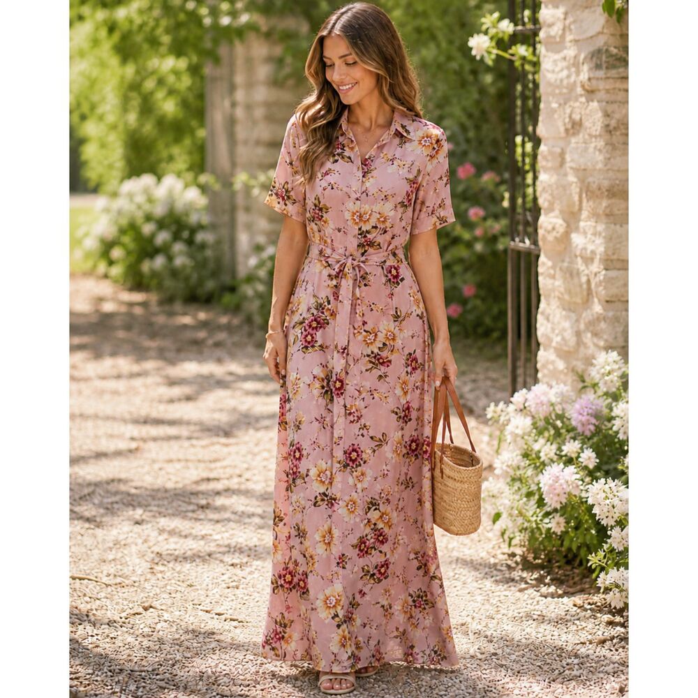 Emma & Michele Pink Rose Floral Belted Maxi Dress, Romantic Boho L